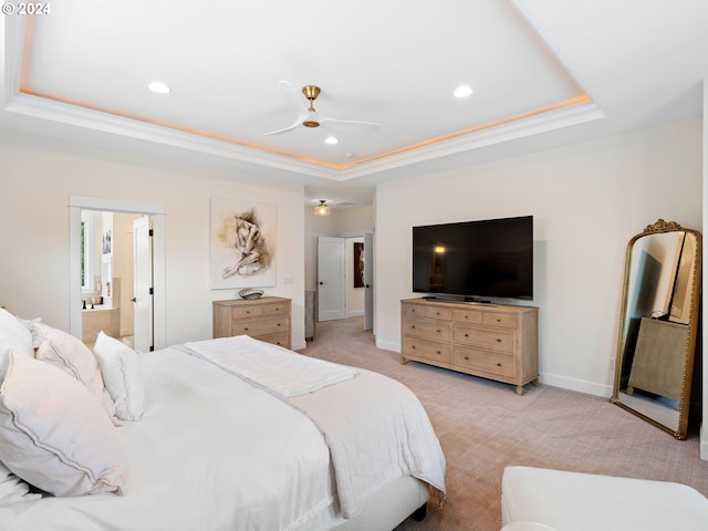 9010 SW Inez St, Tigard, OR 97224 - bedroom featuring a raised ceiling, recessed lighting, crown molding, light carpet, and baseboards