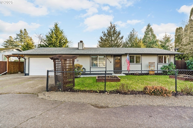 ranch-style home featuring a garage and a front lawn