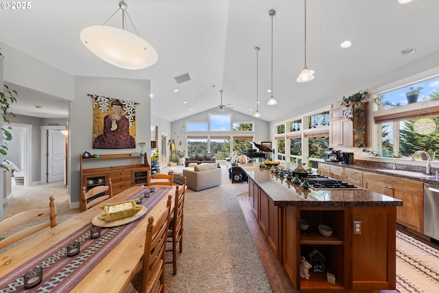 kitchen with ceiling fan, sink, a center island, hanging light fixtures, and stainless steel appliances