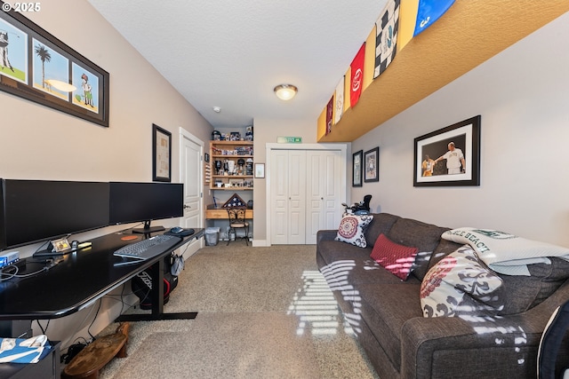 carpeted office with a textured ceiling