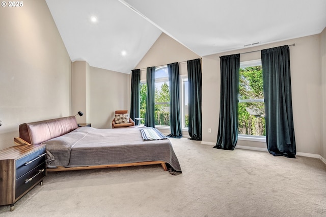 bedroom featuring baseboards, carpet floors, recessed lighting, and high vaulted ceiling
