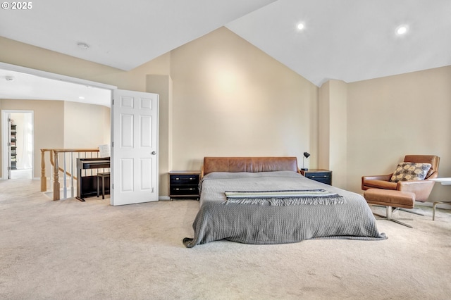 bedroom featuring carpet floors, recessed lighting, and lofted ceiling