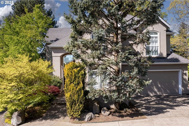 view of property hidden behind natural elements featuring roof with shingles, driveway, an attached garage, and stucco siding