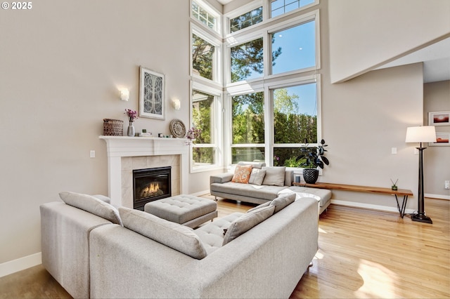 living room with baseboards, a high ceiling, wood finished floors, and a fireplace