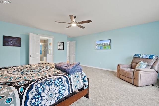 bedroom featuring a ceiling fan, carpet, and baseboards