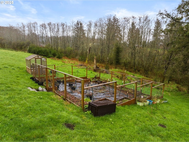 view of yard featuring a garden and a view of trees