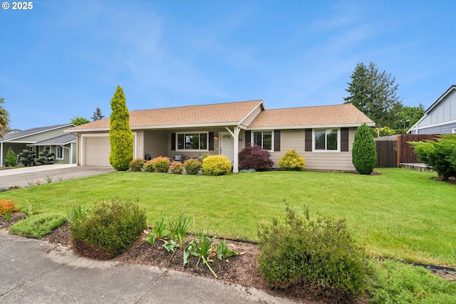 ranch-style home featuring driveway, an attached garage, and roof with shingles