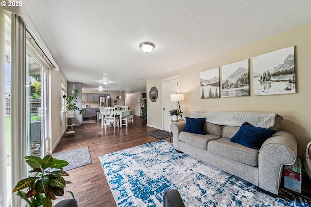 living area with dark wood-style floors, a textured ceiling, and baseboards