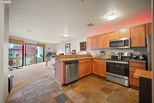 kitchen with dark colored carpet, appliances with stainless steel finishes, sink, and kitchen peninsula