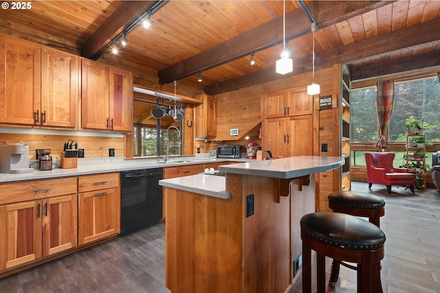 67388 Timberline Rd, Summerville, OR 97876 - kitchen with track lighting, black dishwasher, wooden ceiling, a sink, and healthy amount of natural light