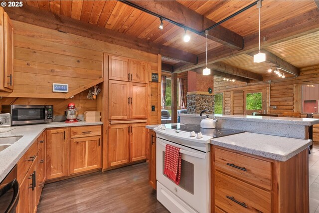 67388 Timberline Rd, Summerville, OR 97876 - kitchen with white range with electric stovetop, stainless steel microwave, wood ceiling, rustic walls, and rail lighting