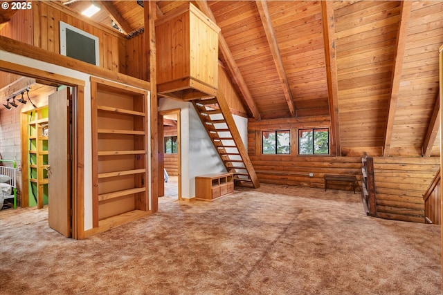 67388 Timberline Rd, Summerville, OR 97876 - unfurnished living room featuring wood ceiling and carpet floors