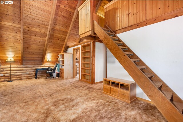 67388 Timberline Rd, Summerville, OR 97876 - unfurnished office with wood ceiling, carpet, and log walls
