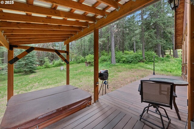 67388 Timberline Rd, Summerville, OR 97876 - wooden deck with a lawn, a covered hot tub, and a view of trees