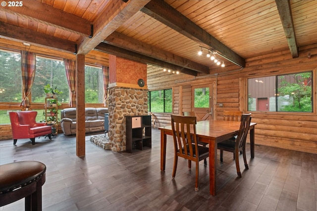 67388 Timberline Rd, Summerville, OR 97876 - dining area featuring wooden ceiling, beam ceiling, dark wood finished floors, and log walls