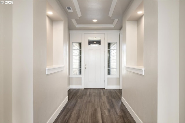 interior space featuring recessed lighting, visible vents, baseboards, and dark wood-style flooring