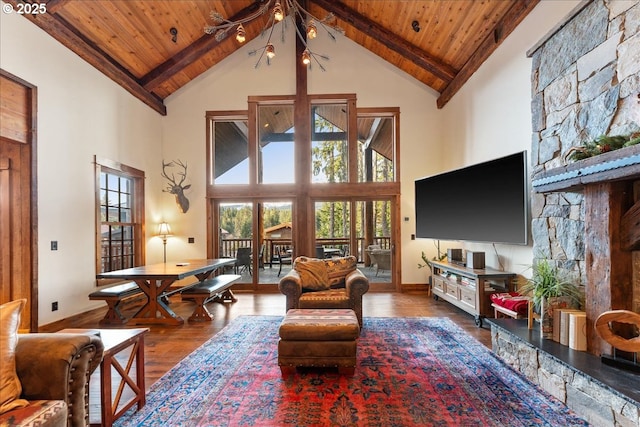 living area with wooden ceiling, high vaulted ceiling, wood finished floors, beam ceiling, and baseboards