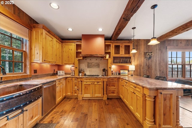 kitchen featuring stainless steel appliances, ventilation hood, open shelves, a peninsula, and healthy amount of natural light