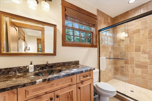 bathroom with a stall shower, toilet, and vanity