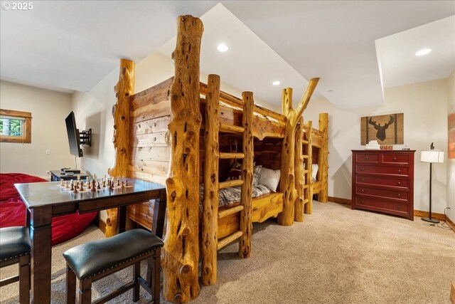 bedroom featuring carpet floors, recessed lighting, and baseboards