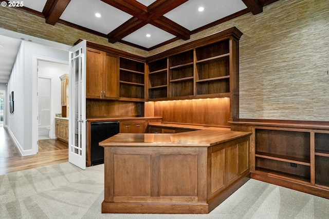 840 Sahalee Ct, Salem, OR 97306 - unfurnished office featuring beam ceiling, light carpet, recessed lighting, coffered ceiling, and light wood-style flooring