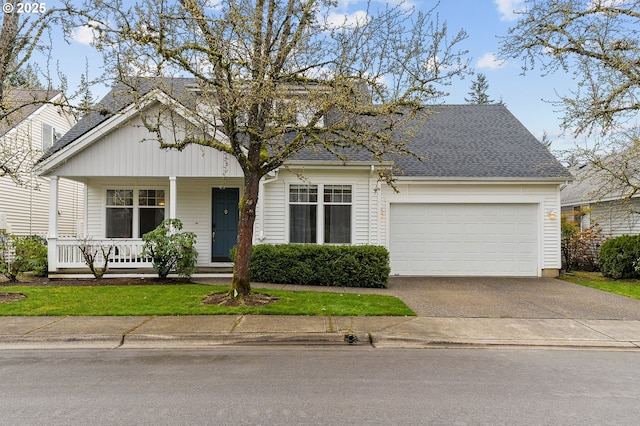 view of front facade featuring driveway, roof with shingles, a porch, and an attached garage