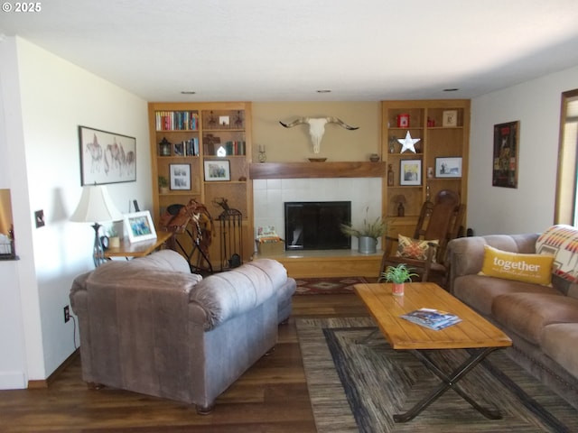 43497 Shetland Ct, Pendleton, OR 97801 - living room featuring a tile fireplace and dark wood finished floors