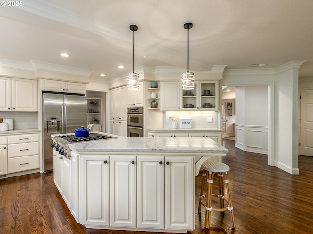 14066 Edenberry Dr, Lake Oswego, OR 97035 - kitchen with stainless steel appliances, open shelves, a center island, crown molding, and tasteful backsplash