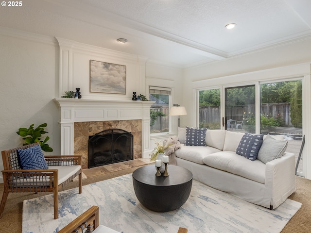 14066 Edenberry Dr, Lake Oswego, OR 97035 - living area featuring crown molding, a fireplace, and carpet floors