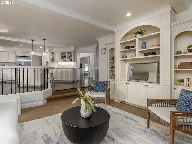 14066 Edenberry Dr, Lake Oswego, OR 97035 - living room featuring light carpet, crown molding, recessed lighting, and built in features