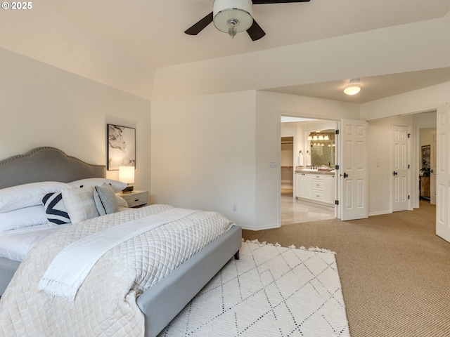 14066 Edenberry Dr, Lake Oswego, OR 97035 - bedroom featuring light colored carpet, baseboards, a ceiling fan, and ensuite bath