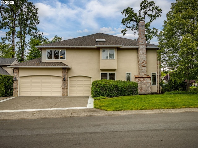 14066 Edenberry Dr, Lake Oswego, OR 97035 - view of front of home with driveway, stucco siding, a front lawn, and a chimney