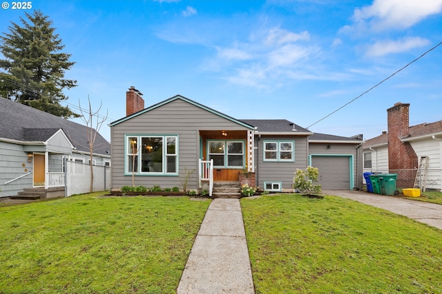 ranch-style home featuring fence, concrete driveway, a front yard, a garage, and a chimney