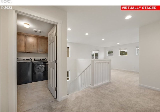 11016 NE 131st Ct, Vancouver, WA 98682 - corridor with an upstairs landing, recessed lighting, washing machine and dryer, light colored carpet, and baseboards