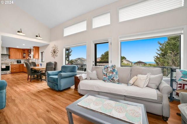 living room featuring high vaulted ceiling and light wood-type flooring