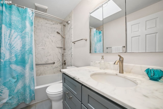 bathroom with shower / bathtub combination with curtain, toilet, a skylight, and vanity