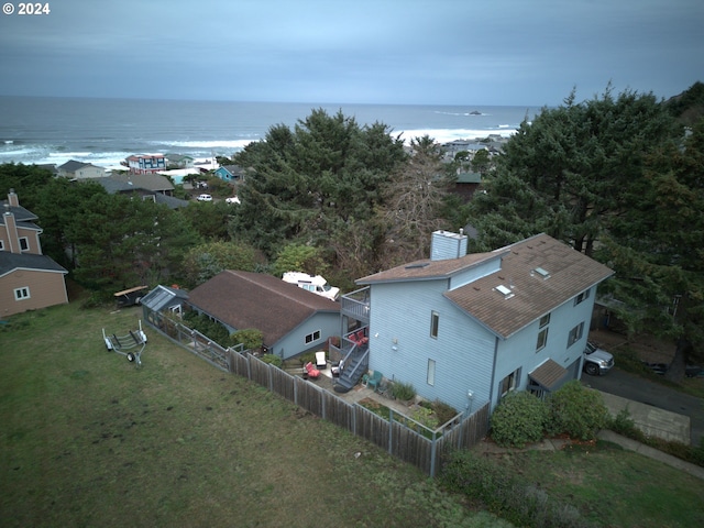 aerial view featuring a water view