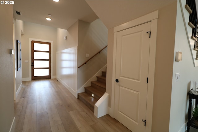 4908 NE 132nd Cir, Vancouver, WA 98686 - foyer entrance with light wood-style flooring, stairs, baseboards, and recessed lighting