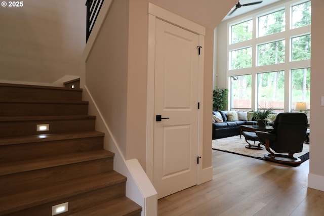 4908 NE 132nd Cir, Vancouver, WA 98686 - staircase with wood finished floors and a ceiling fan