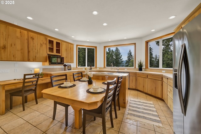 32316 Riley Ln, Cottage Grove, OR 97424 - kitchen featuring stainless steel fridge, black microwave, recessed lighting, light tile patterned floors, and light countertops