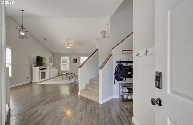 1812 NW 14th St, Battle Ground, WA 98604 - entrance foyer with stairway, wood finished floors, high vaulted ceiling, and a ceiling fan