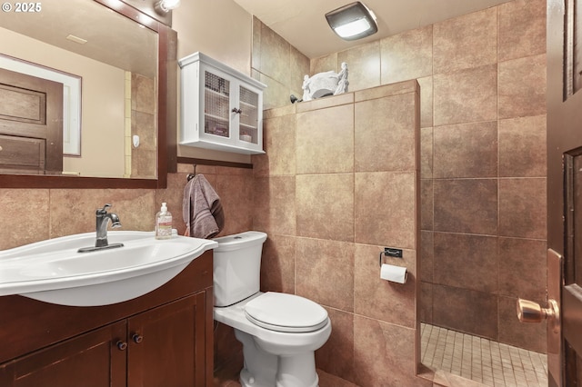 160 S 1st St, Saint Helens, OR 97051 - bathroom featuring tile walls, toilet, vanity, and walk in shower