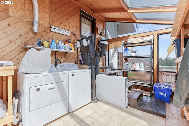 160 S 1st St, Saint Helens, OR 97051 - clothes washing area with washer and dryer, wood walls, and wood ceiling