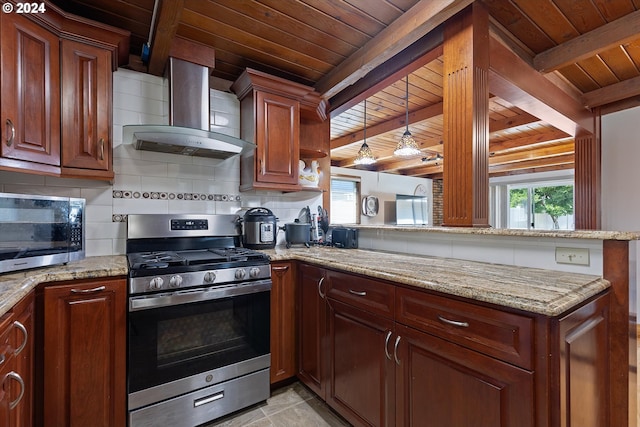 kitchen with wood ceiling, wall chimney exhaust hood, a peninsula, stainless steel appliances, and backsplash