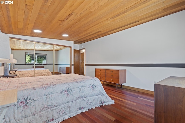 bedroom featuring recessed lighting, wood finished floors, wood ceiling, baseboards, and a closet