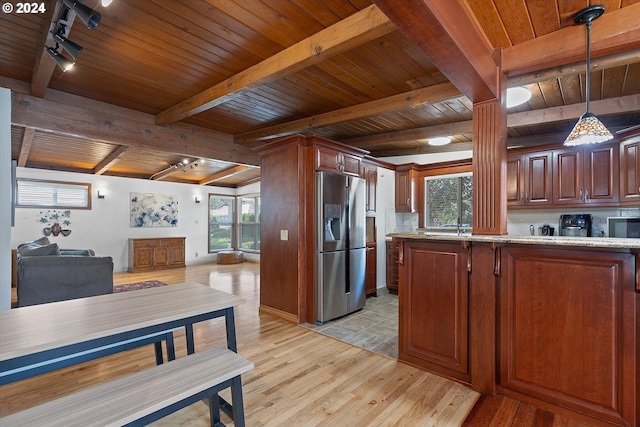 1833 SE 117th Ave, Portland, OR 97216 - kitchen with stainless steel refrigerator with ice dispenser, wooden ceiling, and light wood-type flooring