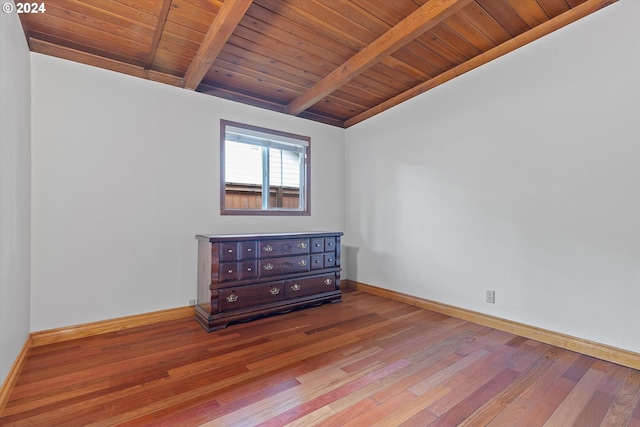 empty room with lofted ceiling with beams, wooden ceiling, baseboards, and wood finished floors