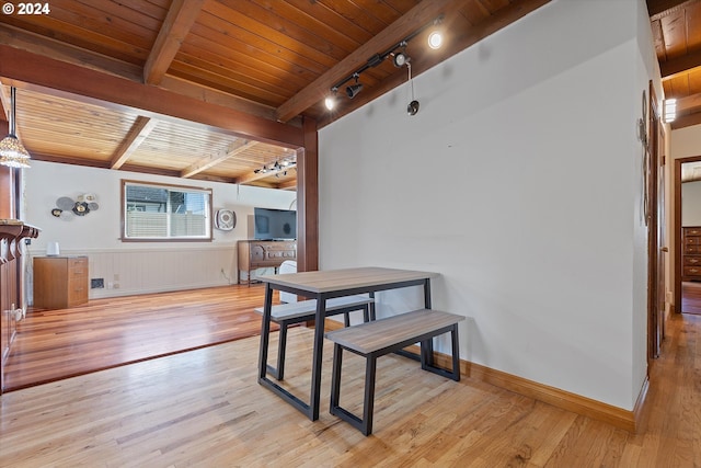 dining room featuring light wood finished floors, beamed ceiling, wood ceiling, and track lighting