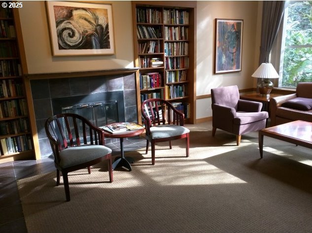 living area featuring a fireplace and carpet floors