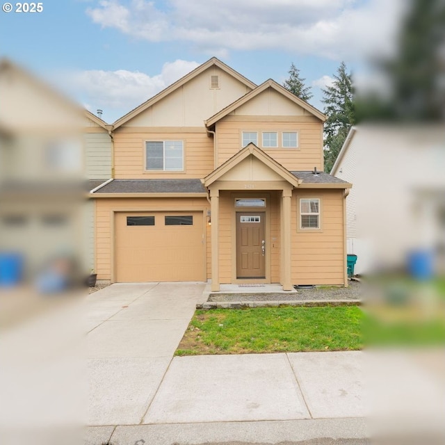 multi unit property with concrete driveway, a garage, and a shingled roof